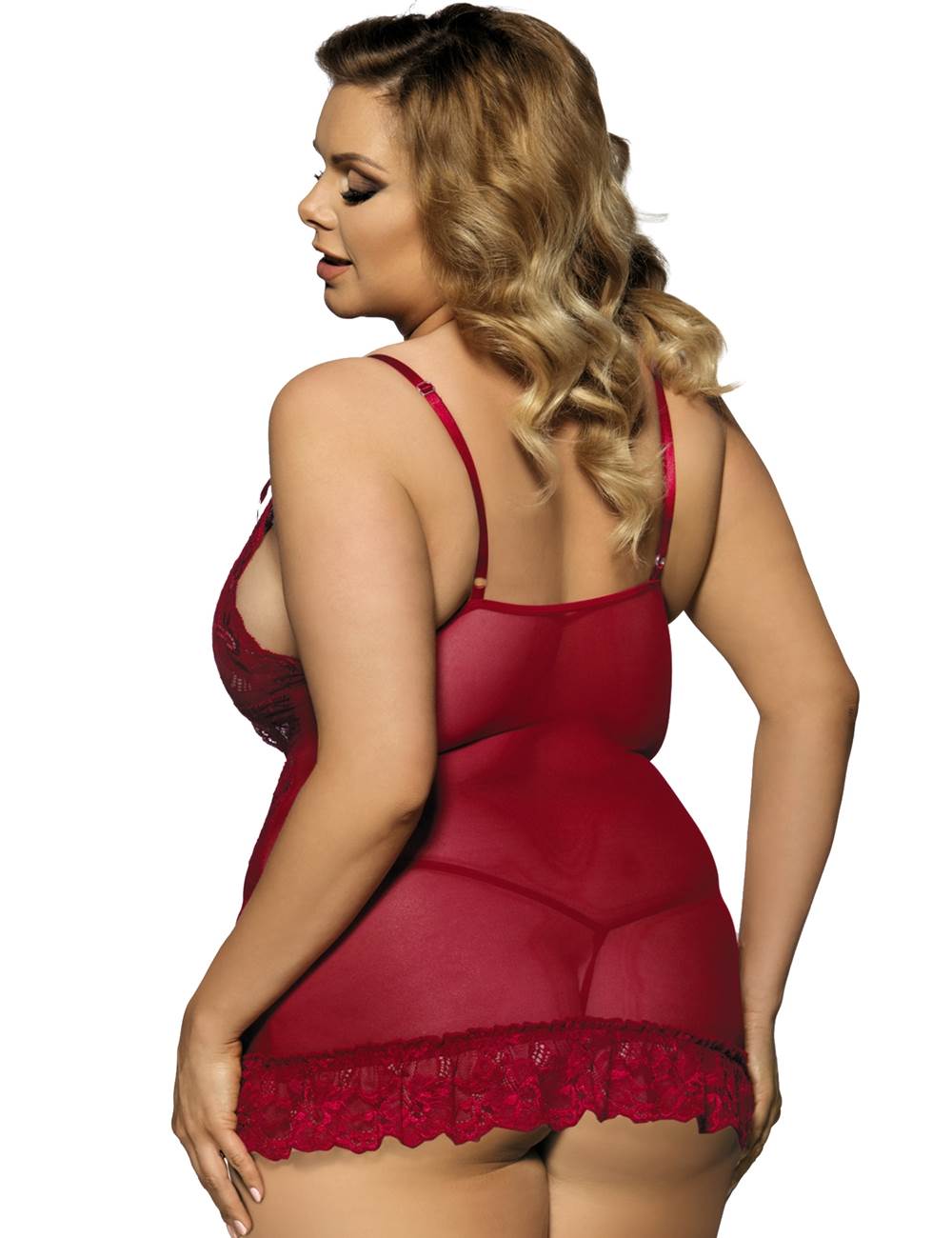 Dark Red Deep V Neck Plus Size Lace Sexy Slim Sleepwear with Thong