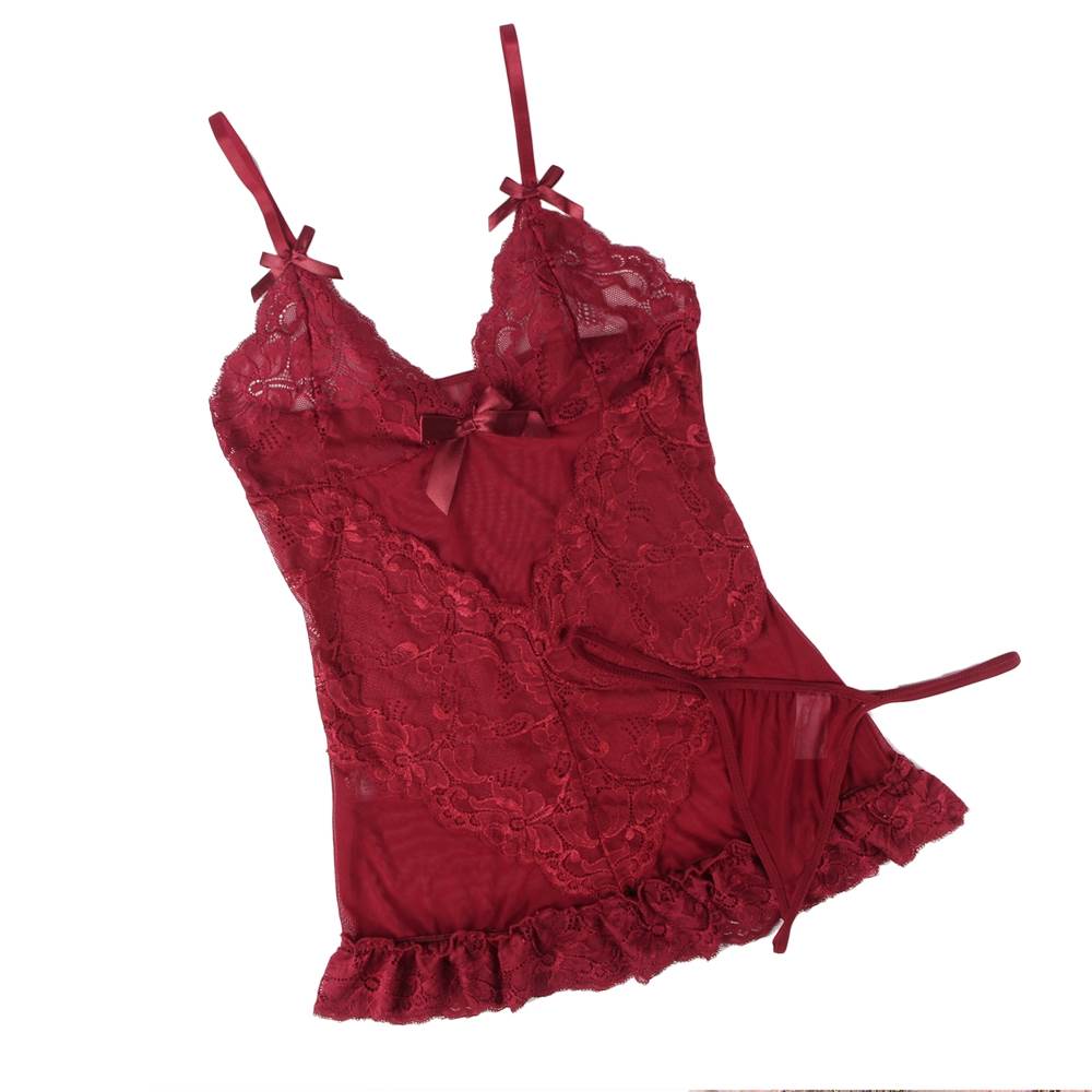 Dark Red Deep V Neck Plus Size Lace Sexy Slim Sleepwear with Thong