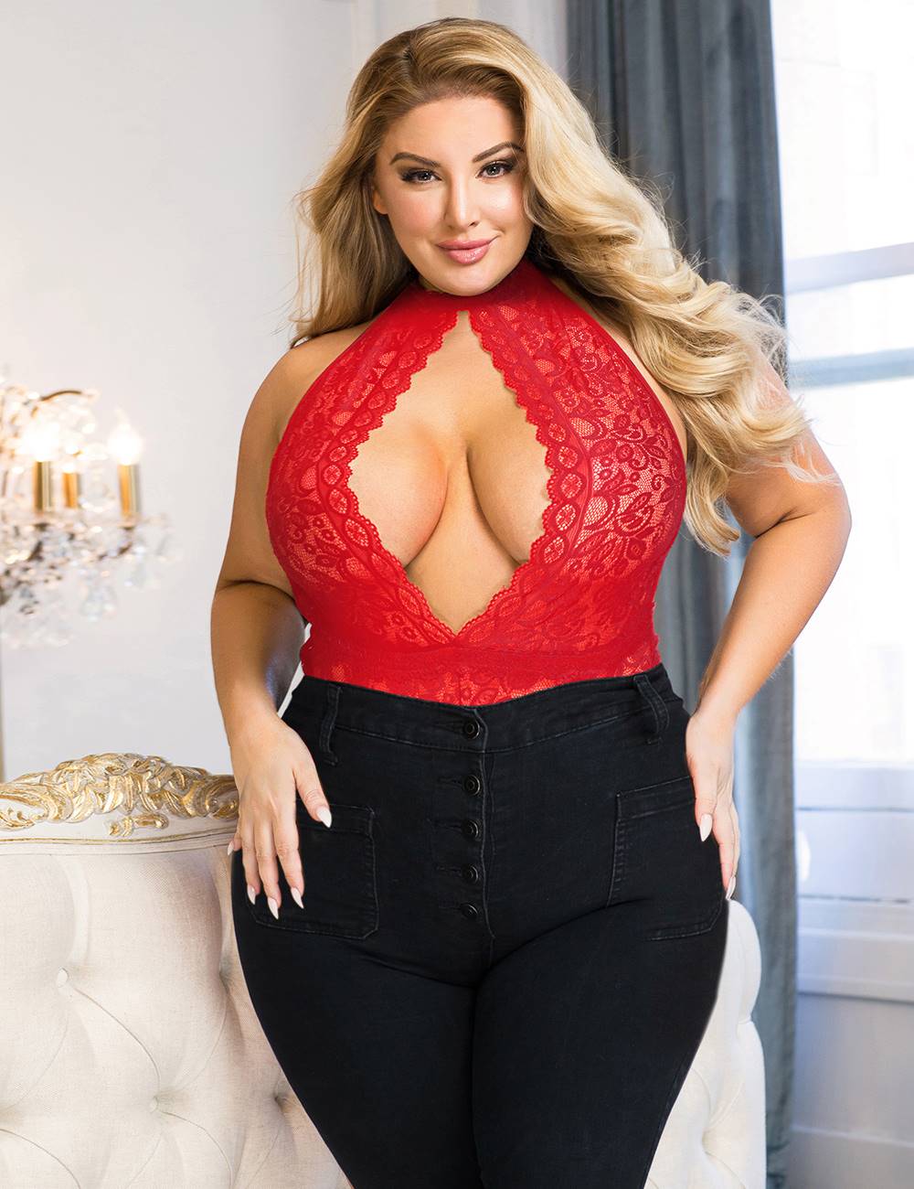 Plus Size Red Exquisite Lace Open Cup Teddy