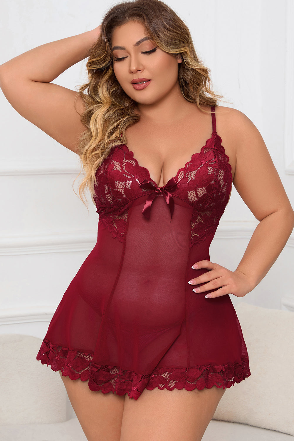 Burgundy Plus Size Lace Mesh Splicing Bow Babydoll Lingerie