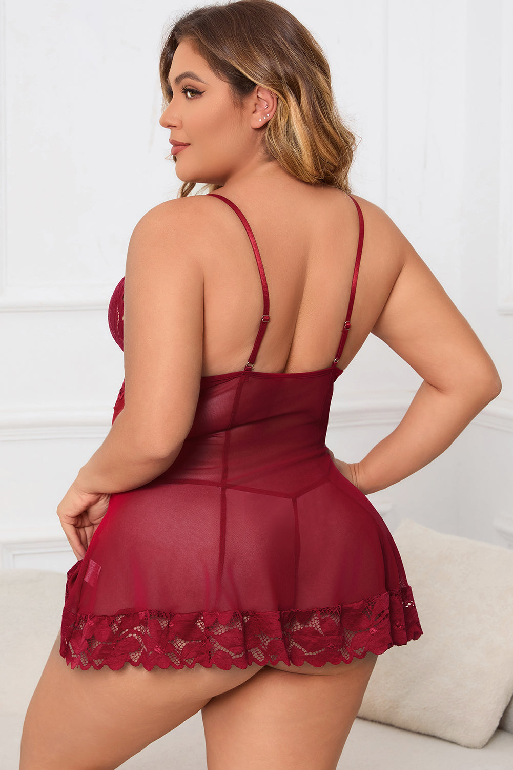 Burgundy Plus Size Lace Mesh Splicing Bow Babydoll Lingerie