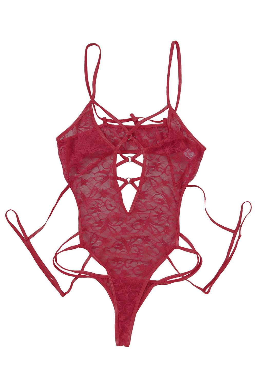 Fiery Red Plus Size Strappy Grommet Detail Sheer Mesh Teddy Lingerie