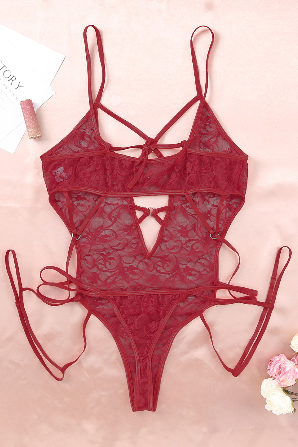 Fiery Red Plus Size Strappy Grommet Detail Sheer Mesh Teddy Lingerie