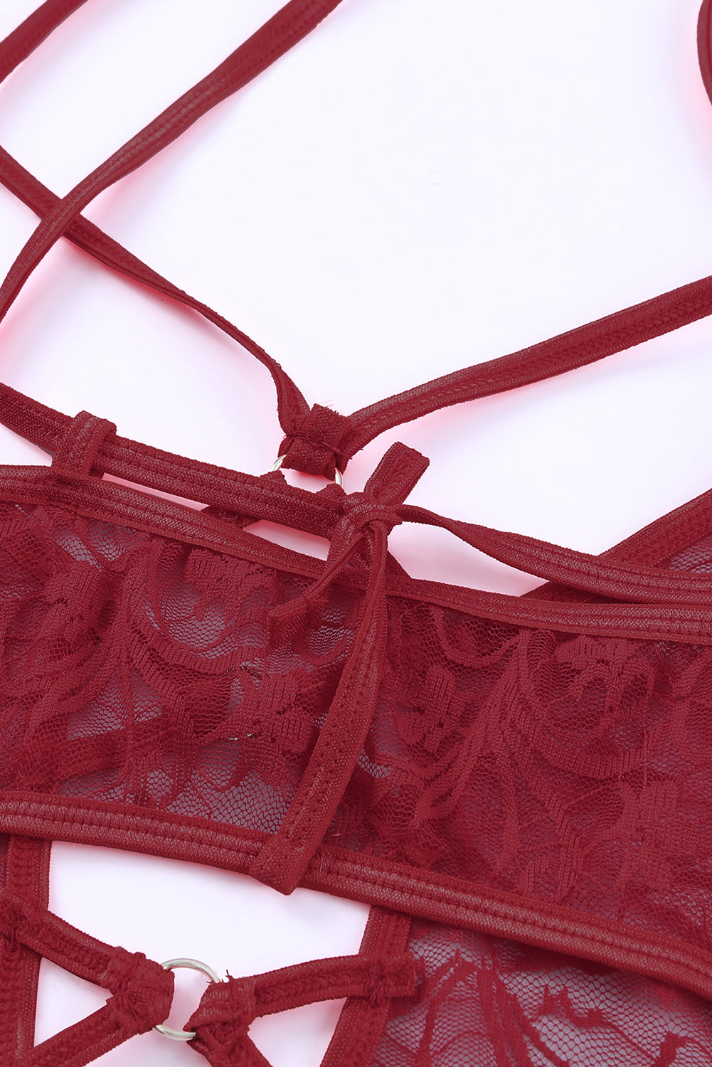 Fiery Red Plus Size Strappy Grommet Detail Sheer Mesh Teddy Lingerie