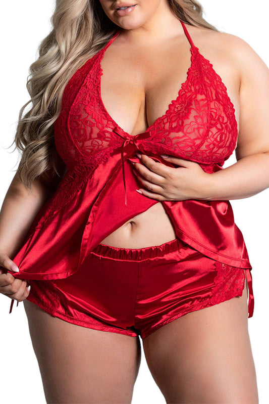 Fiery Red Sexy Lace Bow Halter Backless Plus Size Babydoll Set