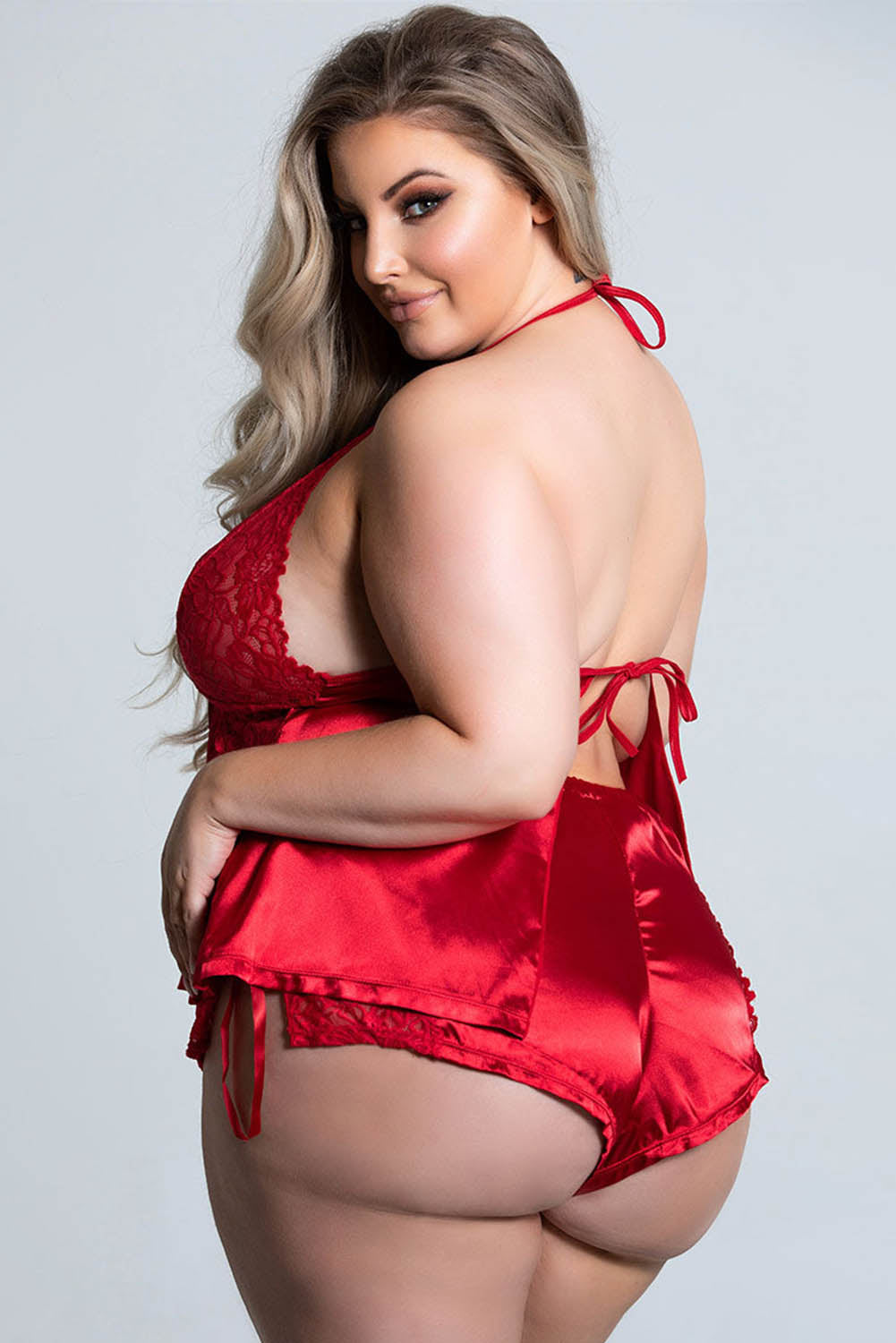 Fiery Red Sexy Lace Bow Halter Backless Plus Size Babydoll Set